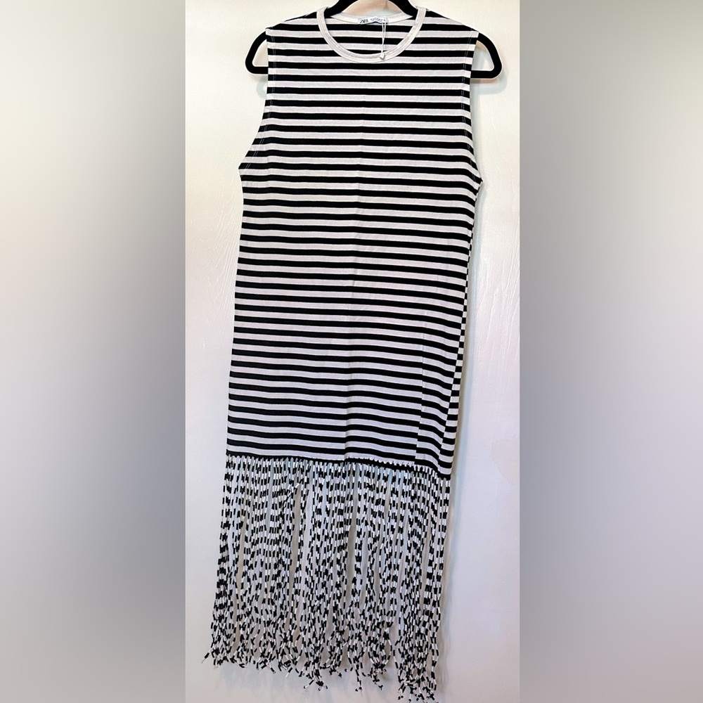 Zara Black White Striped Fringe Hem Midi Dress Sleeveless Tank Knit Size M